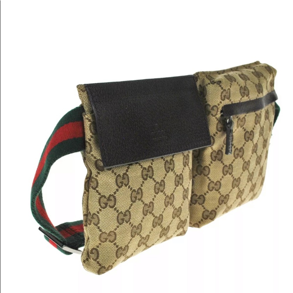 Gucci Beige GG Supreme Dual-Pocket Crossbody with Green and Red Web Strap - Picture 3 of 13
